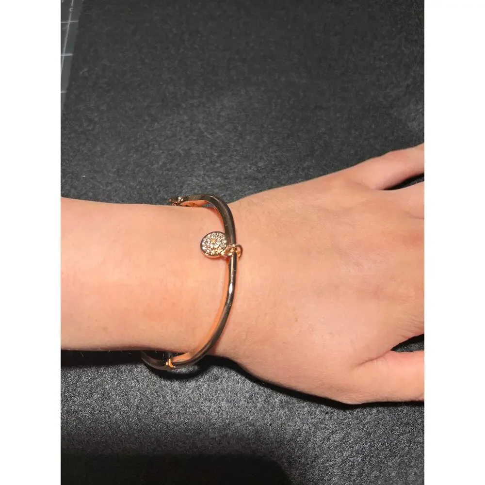 Rose Gold Tone Pavé Crystal Dangle Charm Bangle Bracelet Cuff